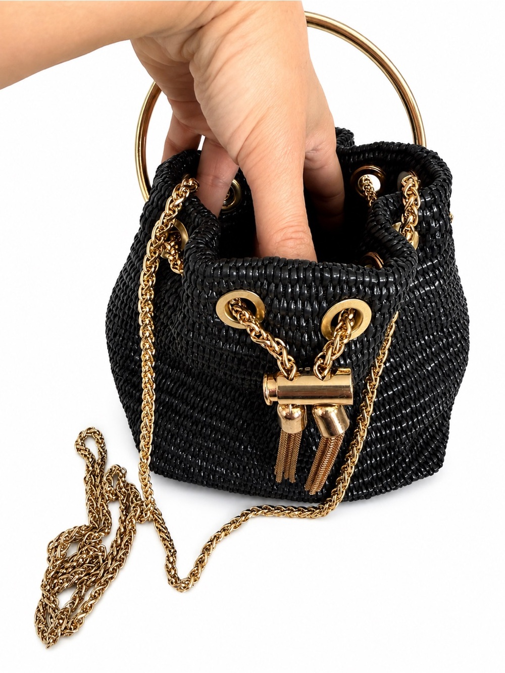 Black Woven Drawstring Bucket Bag with Gold Ring Handle